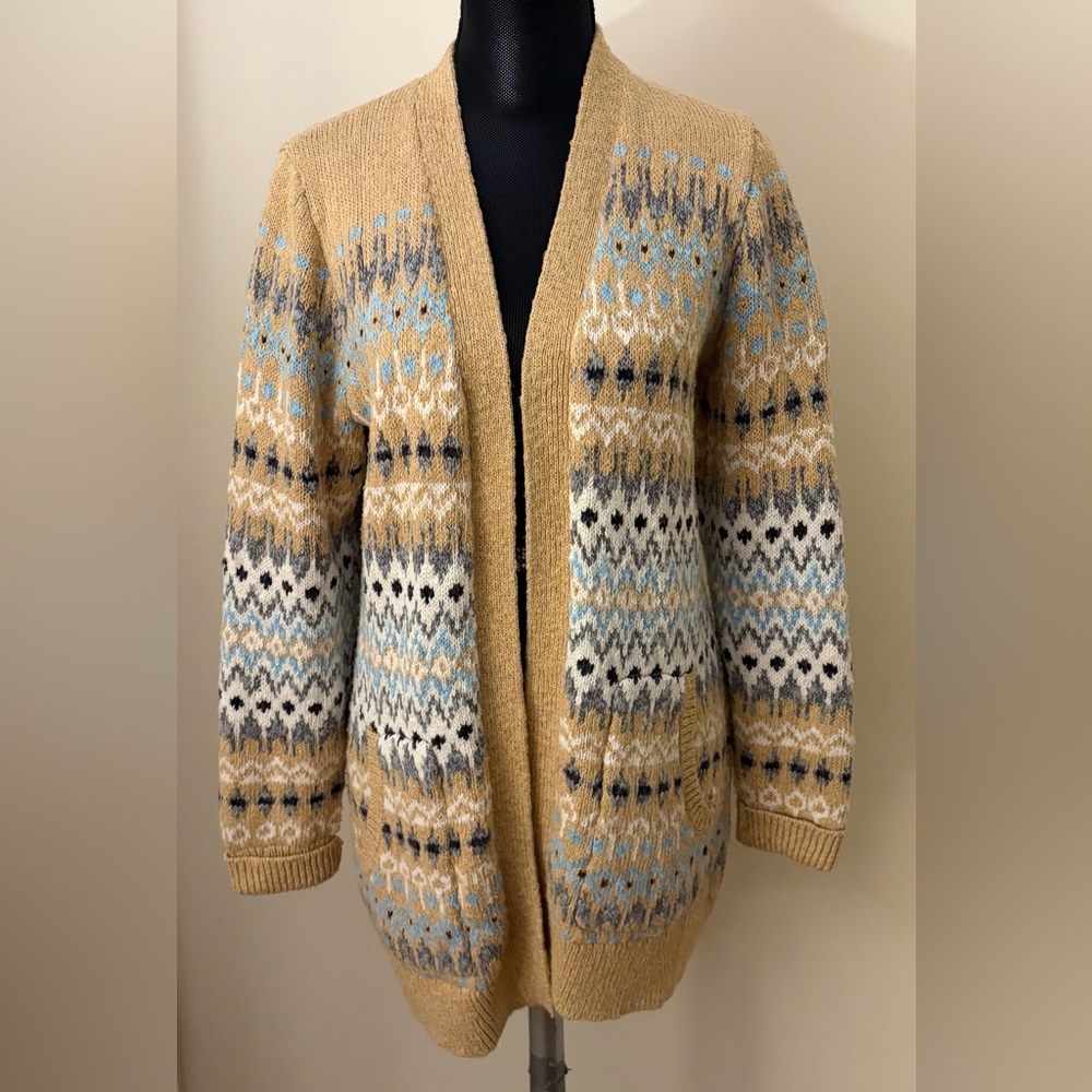 L.L. Bean Women's Cotton Ragg Sweater Open Cardigan Fair Isle Sz M Cozy